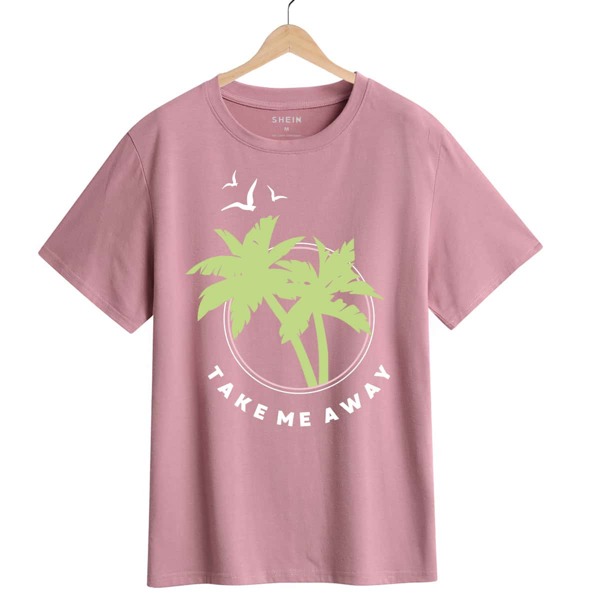 

Slogan And Tropical Print Tee, Dusty pink