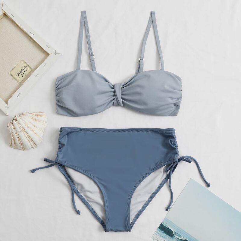 

Drawstring Side High Waist Bikini Swimsuit, Blue