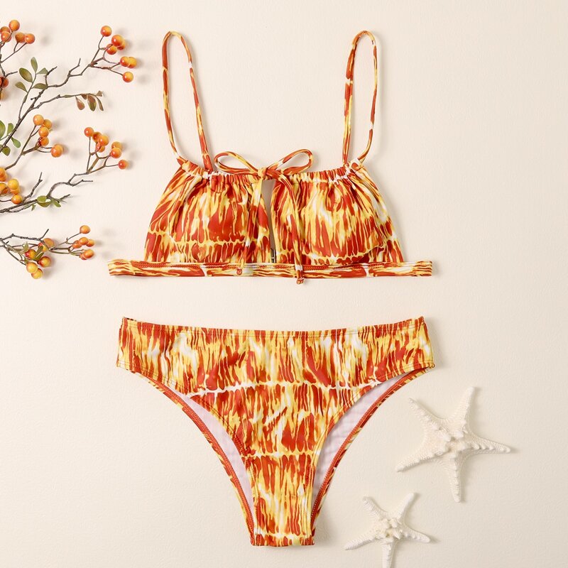 

Graphic Tie Front Bikini Swimsuit, Orange
