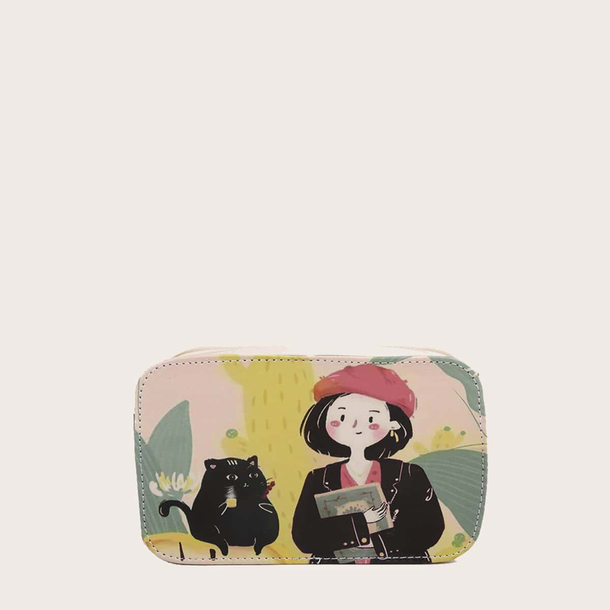 

Cartoon Figure & Cat Crossbody Bag, Multicolor