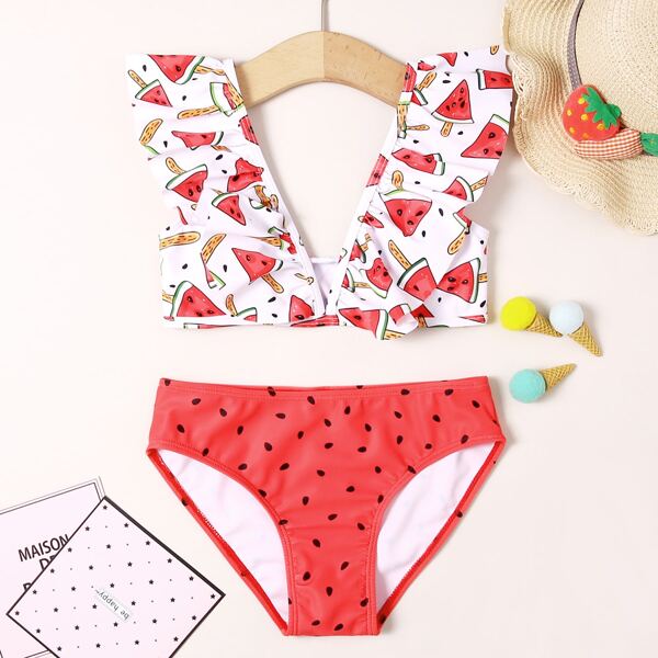 

Girls Watermelon Print Ruffle Bikini Swimsuit, Red and white