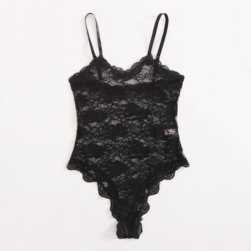 

Scallop Floral Lace Teddy Bodysuit, Black