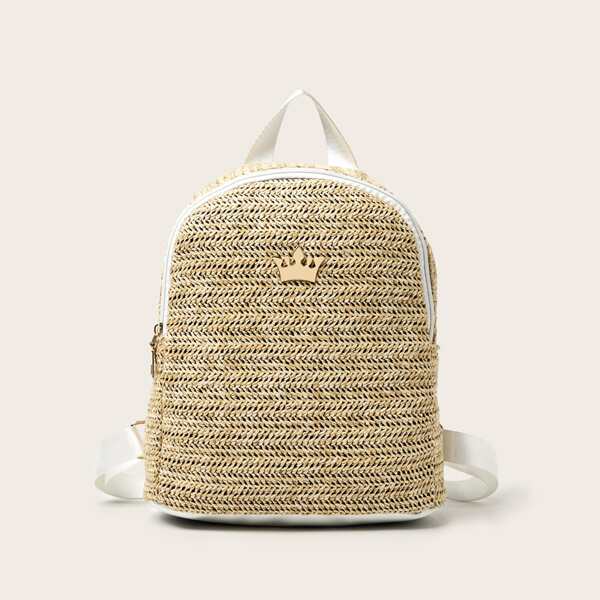 

Metal Crown Decor Straw Backpack, Khaki