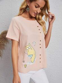 Blusa con estampado de dibujos animados con diseño de botón - Rosa Pálido - Ver 1