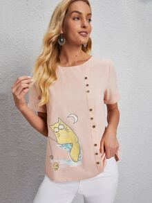 Blusa con estampado de dibujos animados con diseño de botón - Rosa Pálido - Ver 4