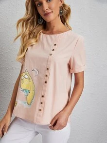 Blusa con estampado de dibujos animados con diseño de botón - Rosa Pálido - Ver 5
