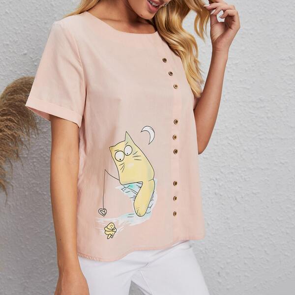 

Cartoon Graphic Button Detail Blouse, Baby pink