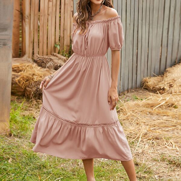 

Frill Off Shoulder Tie Front Puff Sleeve Ruffle Hem Dress, Dusty pink