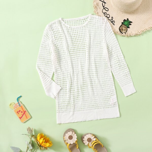 

Girls Hollow Out Knitted Cover Up, White
