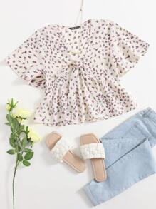 Knot Front Ditsy Floral Ruffle Hem Blouse - Beige - View 1