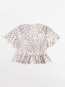 Knot Front Ditsy Floral Ruffle Hem Blouse - Beige - View 2