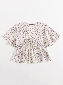 Knot Front Ditsy Floral Ruffle Hem Blouse - Beige - View 3