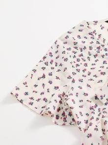 Knot Front Ditsy Floral Ruffle Hem Blouse - Beige - View 4