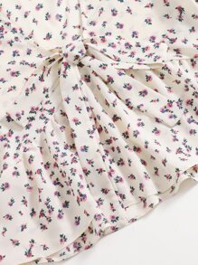 Knot Front Ditsy Floral Ruffle Hem Blouse - Beige - View 5