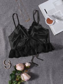 Lace Trim Satin Cami Top - Black - View 1