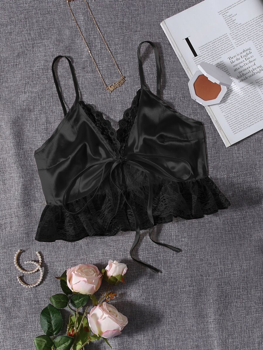 Lace Trim Satin Cami Top - Black - View 1