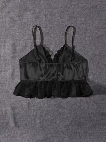 Lace Trim Satin Cami Top - Black - View 2