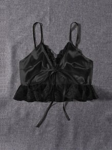 Lace Trim Satin Cami Top - Black - View 4