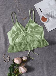 Lace Trim Satin Cami Top - Lime Green - View 1