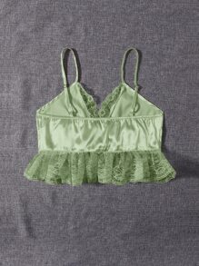 Lace Trim Satin Cami Top - Lime Green - View 2