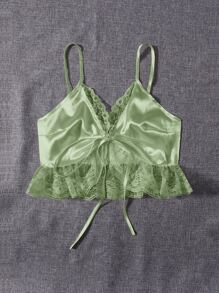 Lace Trim Satin Cami Top - Lime Green - View 5