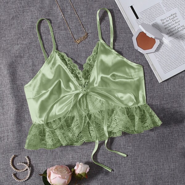 

Lace Trim Satin Cami Top, Lime green