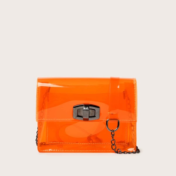 

Clear Twist Lock Flap Chain Bag, Orange