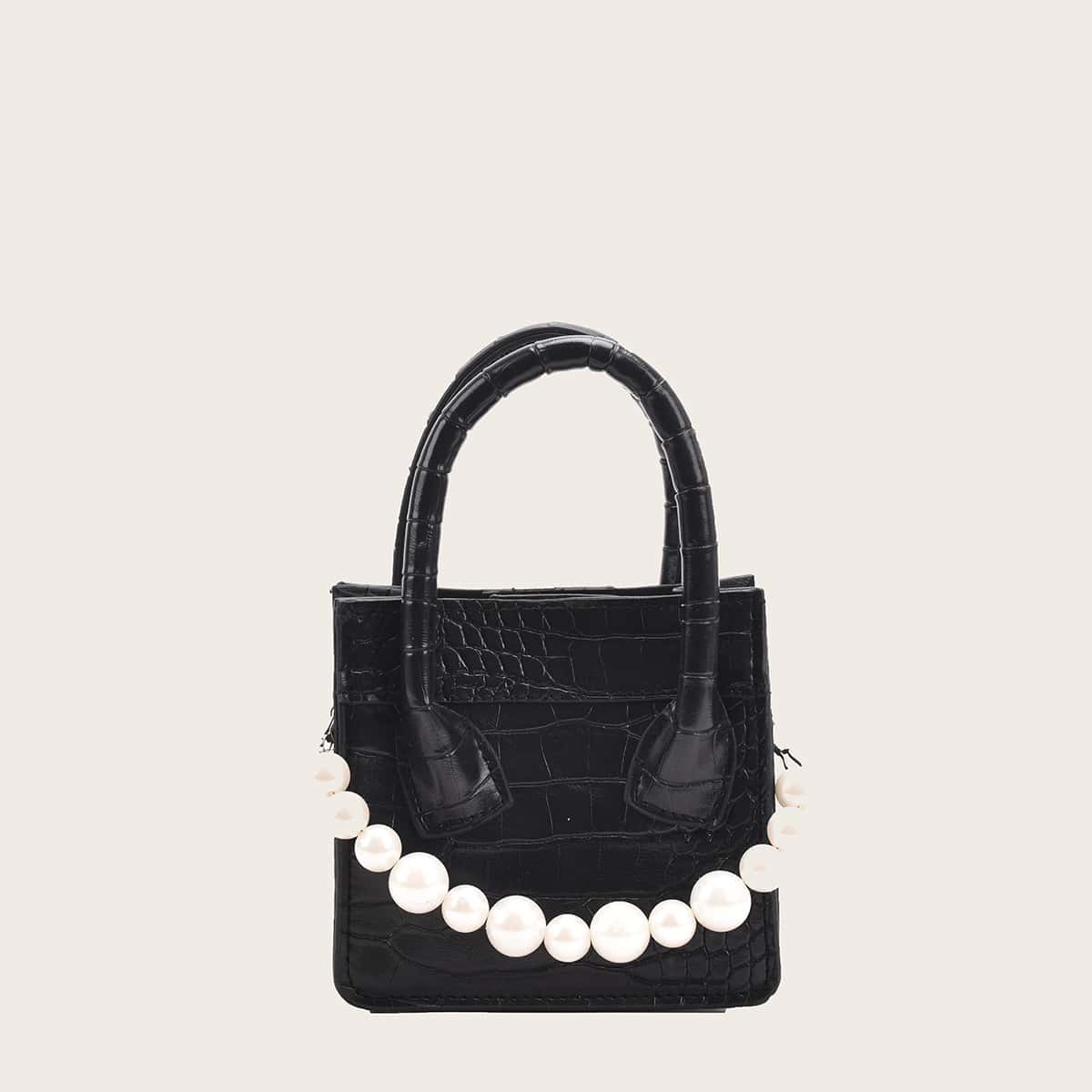

Croc Embossed Faux Pearl Mini Satchel Bag, Black