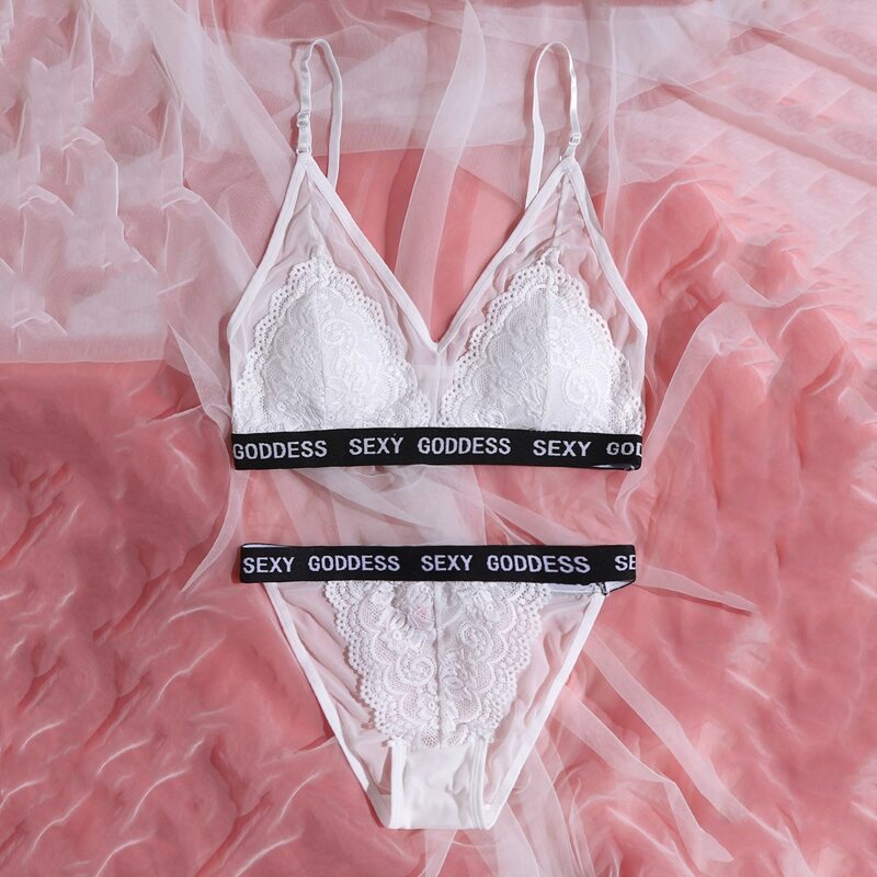 

Letter Tape Lace Mesh Lingerie Set, White