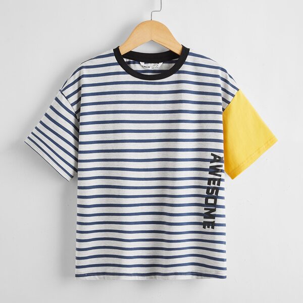 

Boys Colorblock Sleeve Letter Graphic Striped Tee, Blue and white