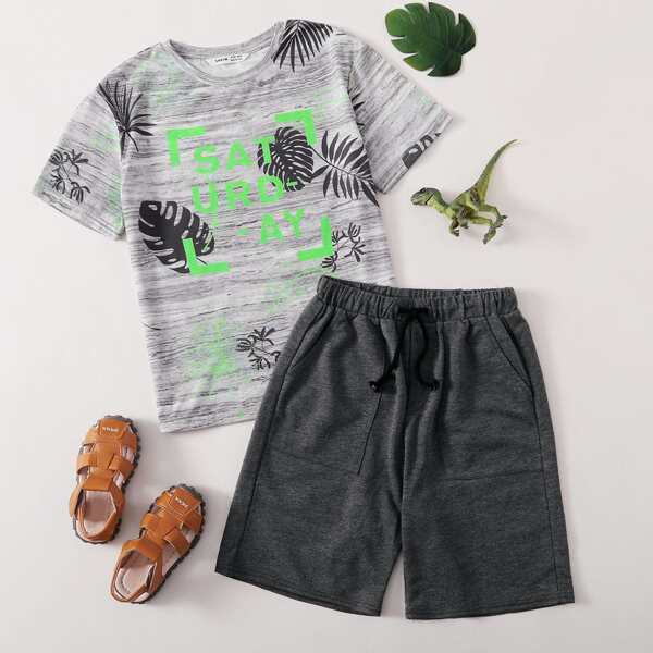

Boys Tropical & Letter Graphic Tee And Shorts Set, Grey