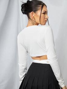 Solid Twist Tie Front Peekaboo Top - White - View 2
