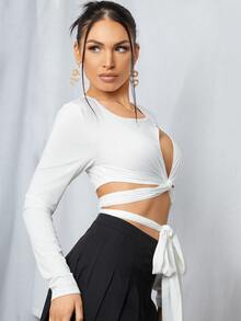 Solid Twist Tie Front Peekaboo Top - White - View 3