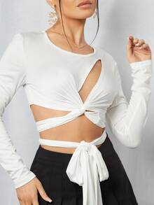 Solid Twist Tie Front Peekaboo Top - White - View 4