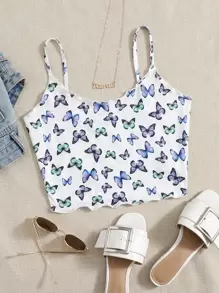 SHEIN EZwear 夏季生菜边蝴蝶印花吊带背心 - 彩色 - 查看 1