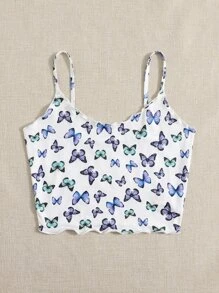 SHEIN EZwear 夏季生菜边蝴蝶印花吊带背心 - 彩色 - 查看 5