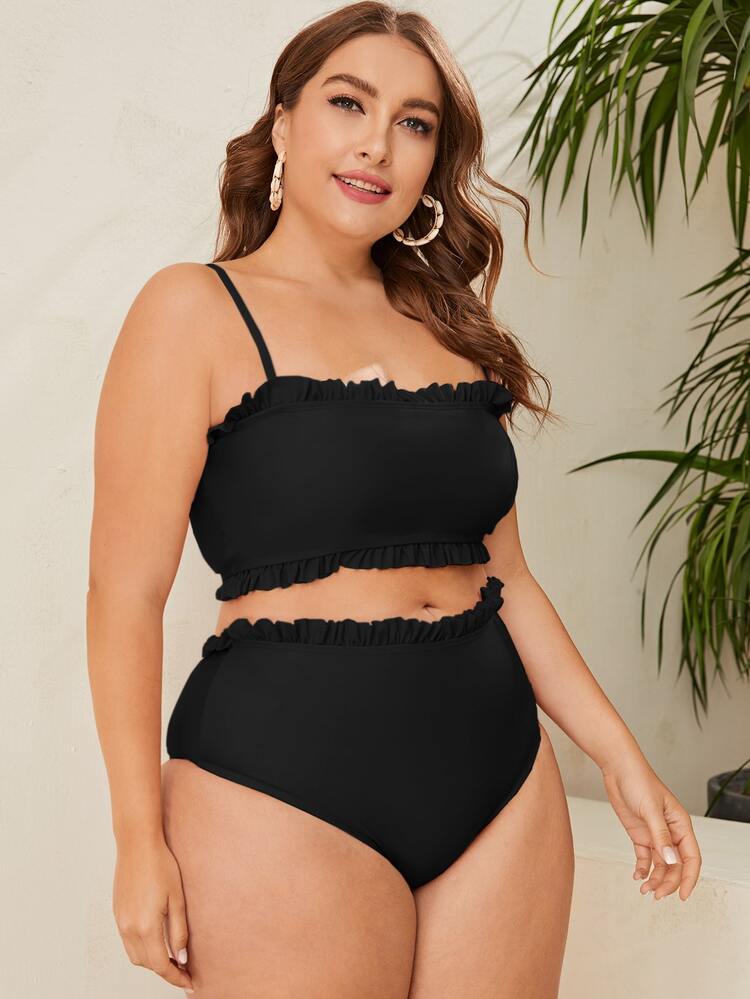 SHEIN VCAY Plus Solid Bikini Set Frill Trim Cami Top & High Waisted Bottom 2 Piece Bathing Suit, For Summer Beach Vacation - Black - View 3