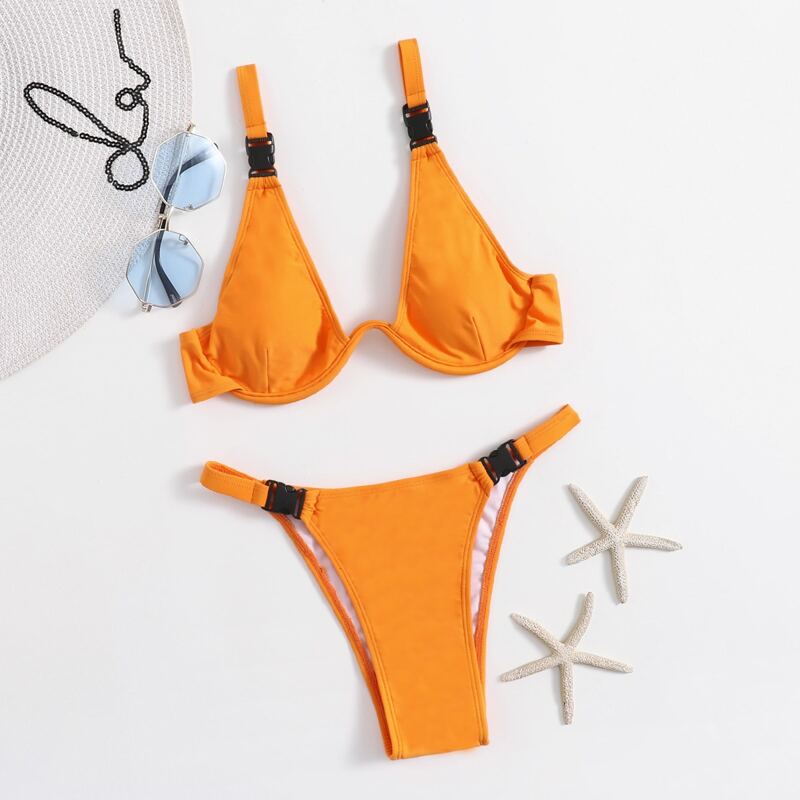 

Buckle Decor Underwire Bikini Swimsuit, Orange