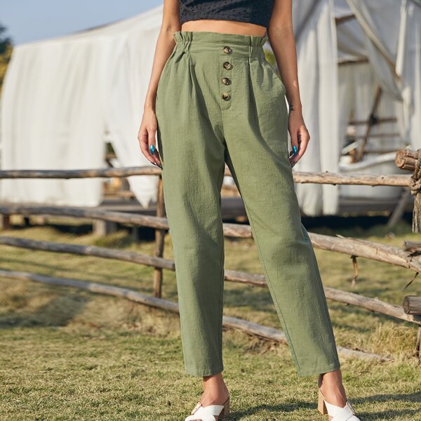 

Paper Bag Waist Button Front Pants, Army green
