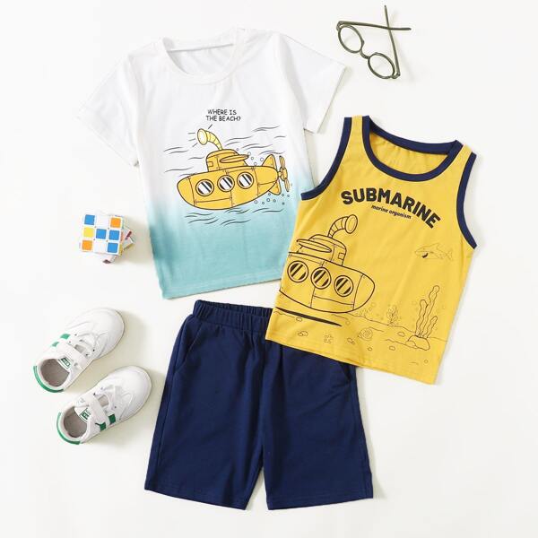 

Toddler Boys Slogan And Cartoon Graphic Tee & Tank Top & Shorts, Multicolor