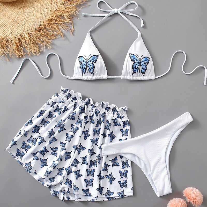 

Butterfly Print Halter Bikini Swimsuit & Shorts, Black and white