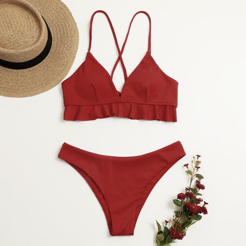 

Ruffle Trim Lace-up Bikini Swimsuit, Red