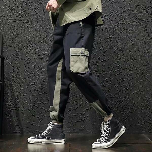 

Men Flap Pocket Drawstring Waist Cargo Pants, Black