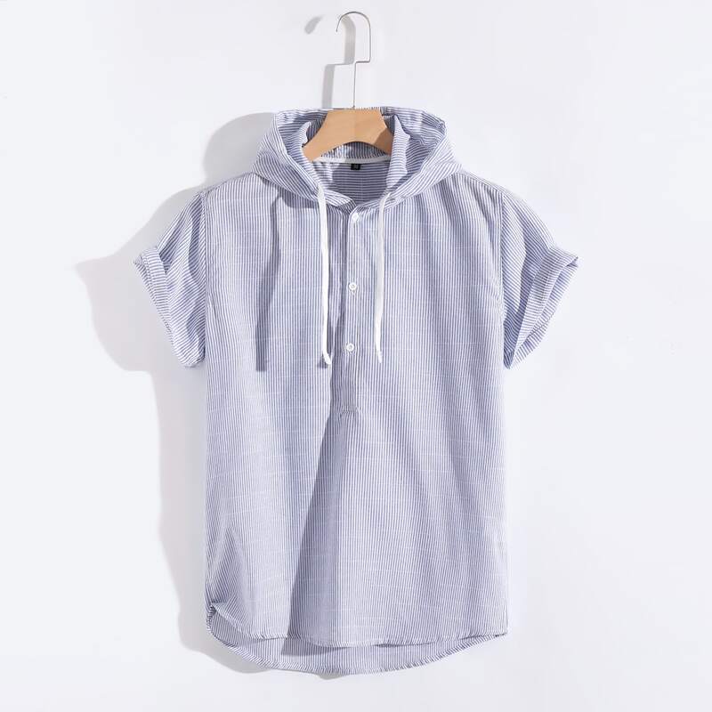 

Guys Striped Print Half Button Hooded Shirt, Baby blue