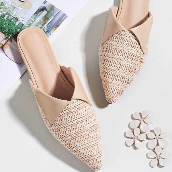 

Point Toe Straw Flat Mules, Beige