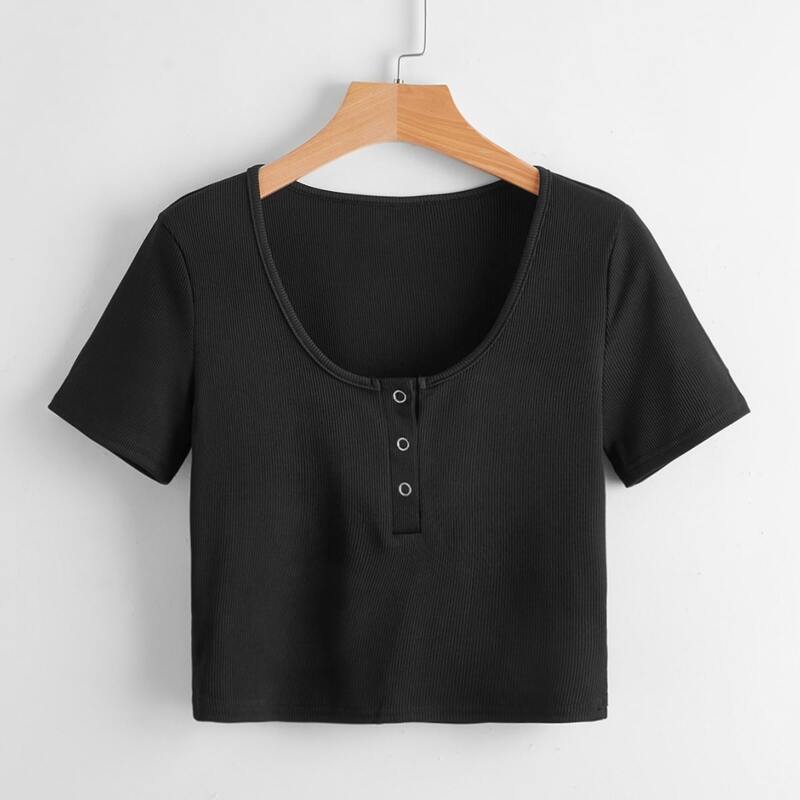 

Solid Button Ribbed Crop Tee, Black