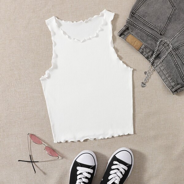 

Lettuce Trim Rib-knit Tank Top, White