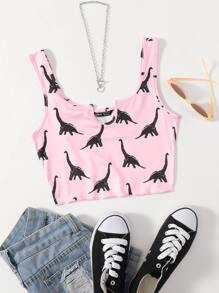 SHEIN EZwear Notch Neck Lettuce Edge Dinosaur Print Tank Top - Baby Pink - View 1