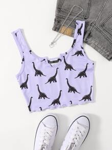 SHEIN EZwear Notch Neck Lettuce Edge Dinosaur Print Tank Top - Lilac Purple - View 1