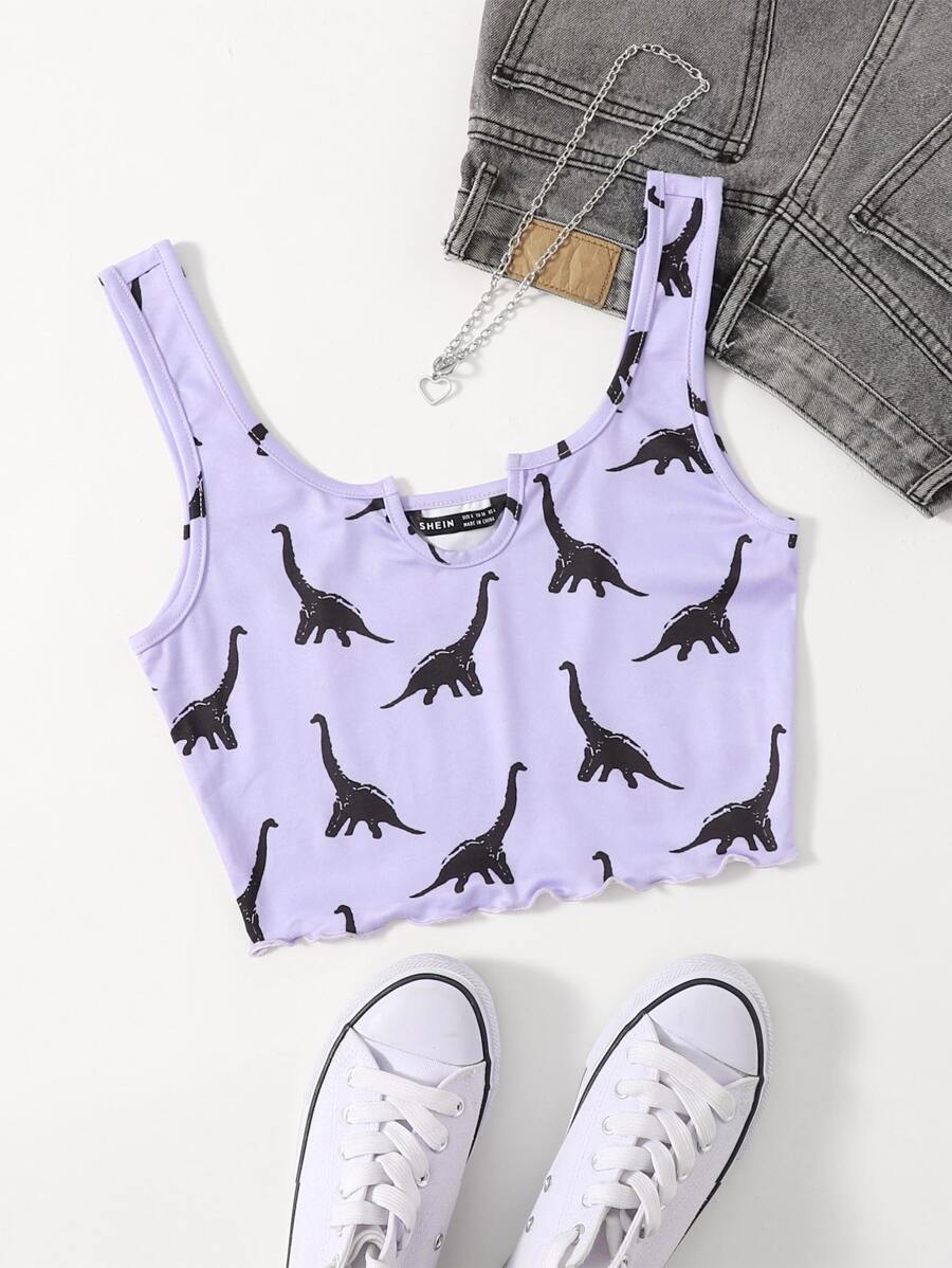 SHEIN EZwear Notch Neck Lettuce Edge Dinosaur Print Tank Top - Lilac Purple - View 1